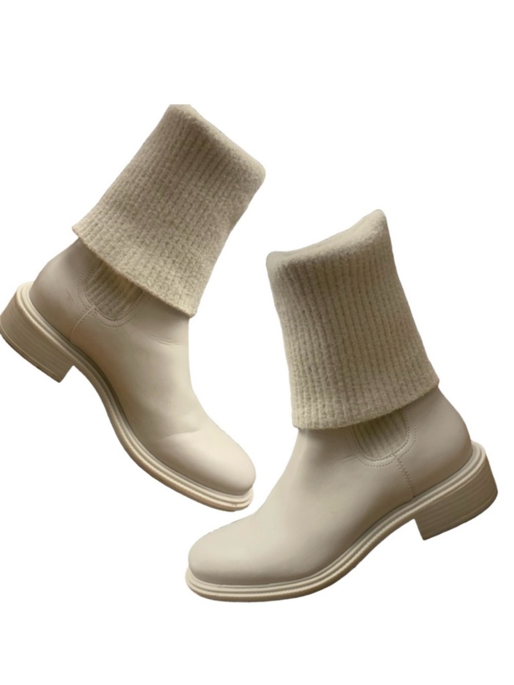 CHARLES & KEITH GRAY LEATHER BLOCK HEEL MOTO BOOTS WITH SOCK STYLE LEG (36)